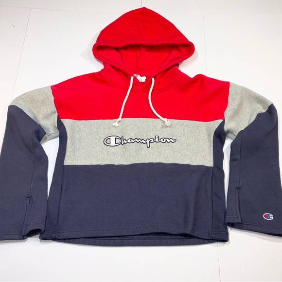 Champion Reverse Weave Colorblock Red Grey Blue Cropped Hoodie Women’s Medium - Picture 1 of 8